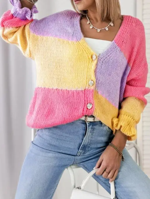 2025 Autumn/winter Women's Sweater Color Block Splicing Casual Loose Black Fungal Edge Long Sleeve Knitted Cardigan