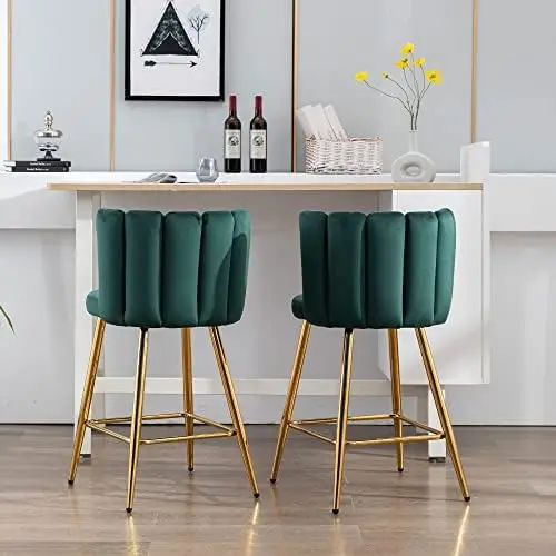 26' Velvet Barstools Set of 4, Green, Gold Legs, Modern Kitchen Island Stools