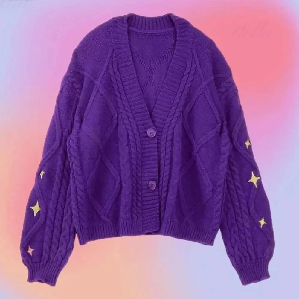 Cárdigans de punto de estrella Vintage Y2k para mujer, cárdigans de manga larga bordados morados, suéter informal para Otoño e Invierno, abrigo