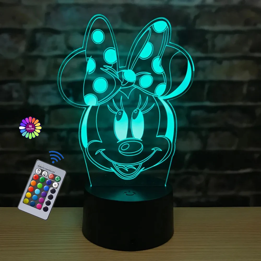 Mickey Minnie Anime 3D Acrylic Night Light with Remote 16 Colors USB Powered Bedroom Decoration Table Lamp Kids Birthday Gift