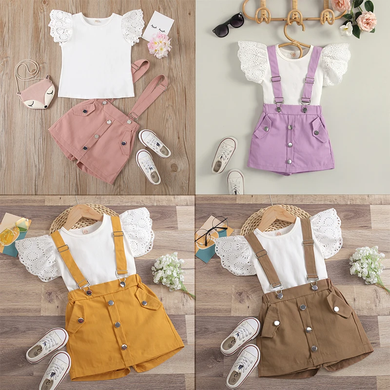 2024 Summer 1-6Years Girls Solid Color Hollow Out Fly Sleeve Round Neck Top+Detachable Overalls Trouser Skirts Two-piece Suit