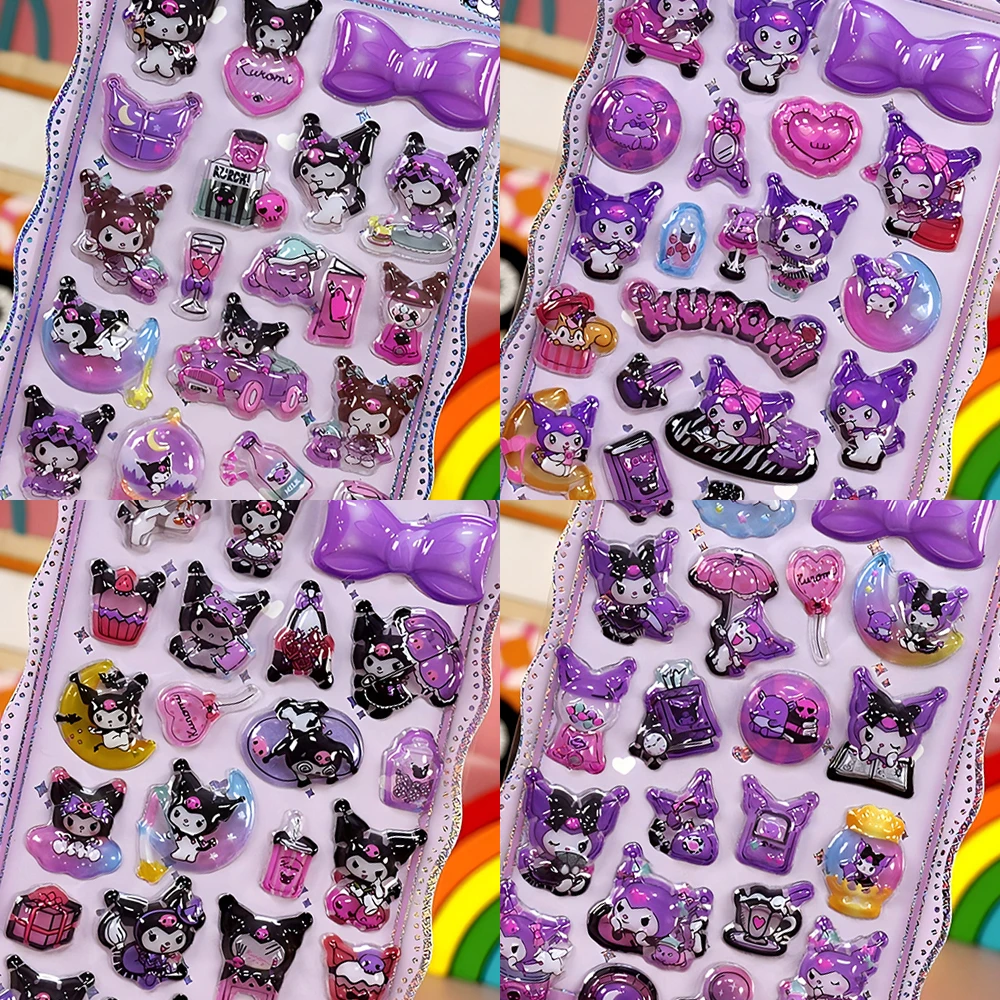 

4pcs Cute Sanrio Kuromi 3D Relief Stickers Cartoon Decoration Decals DIY Skateboard Luggage Phone Kawaii Reward Sticker Toy Gift