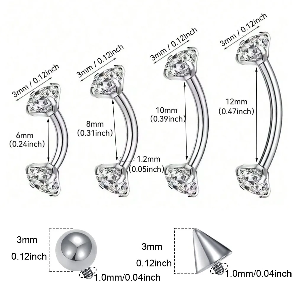 Curved Barbell Piercing Set With Ball Grabber Tool CZ Curved Barbells Spare Ball Spike Tops 6‑12mm for Eyebrow Rook Piercing