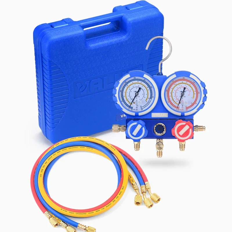 For R22 R410A R134A Prevent Collision Air-Conditioning Fluorine Meter Refrigerant Pressure Dual table Gauge With 3pc Liquid Pipe