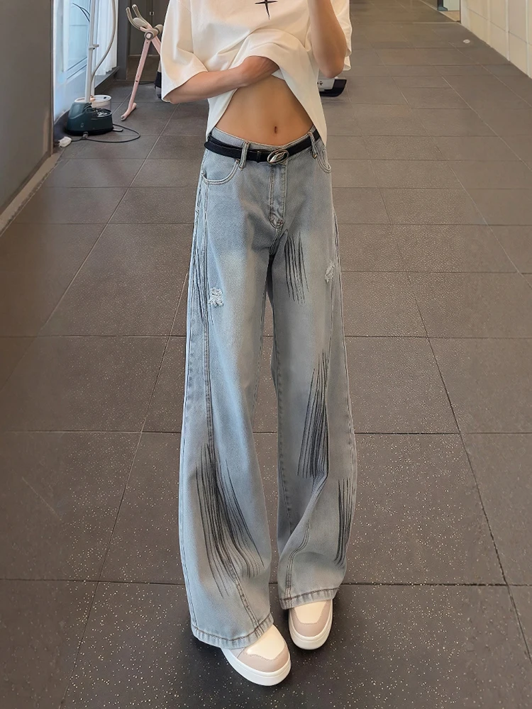 

adient Color Spray Ink Tie Dye Hole Denim Jeans Men's American High Street Design Straight Leg Wide Leg Knife Pants