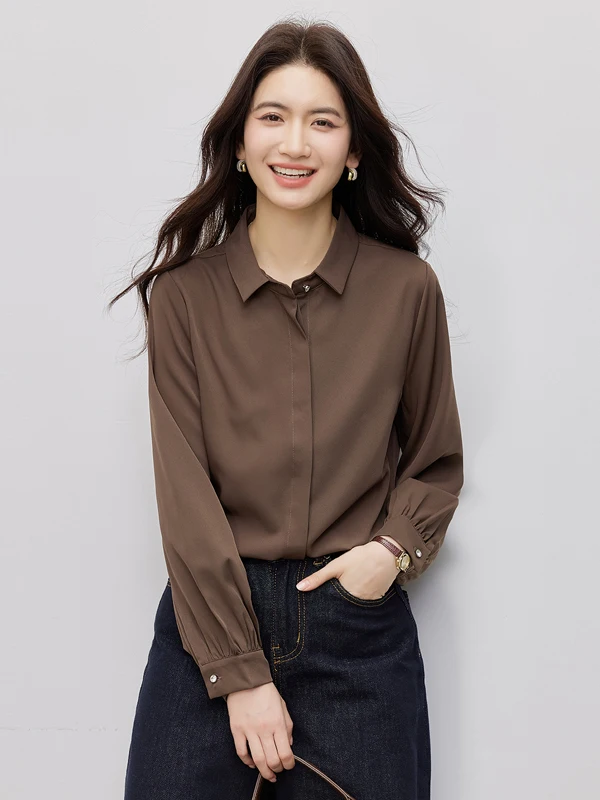 

Café Brown Long Sleeve Shirt Women's Simple Fashionable Casual Versatile Spring New Arrival Office Lady Style Polyester Fiber