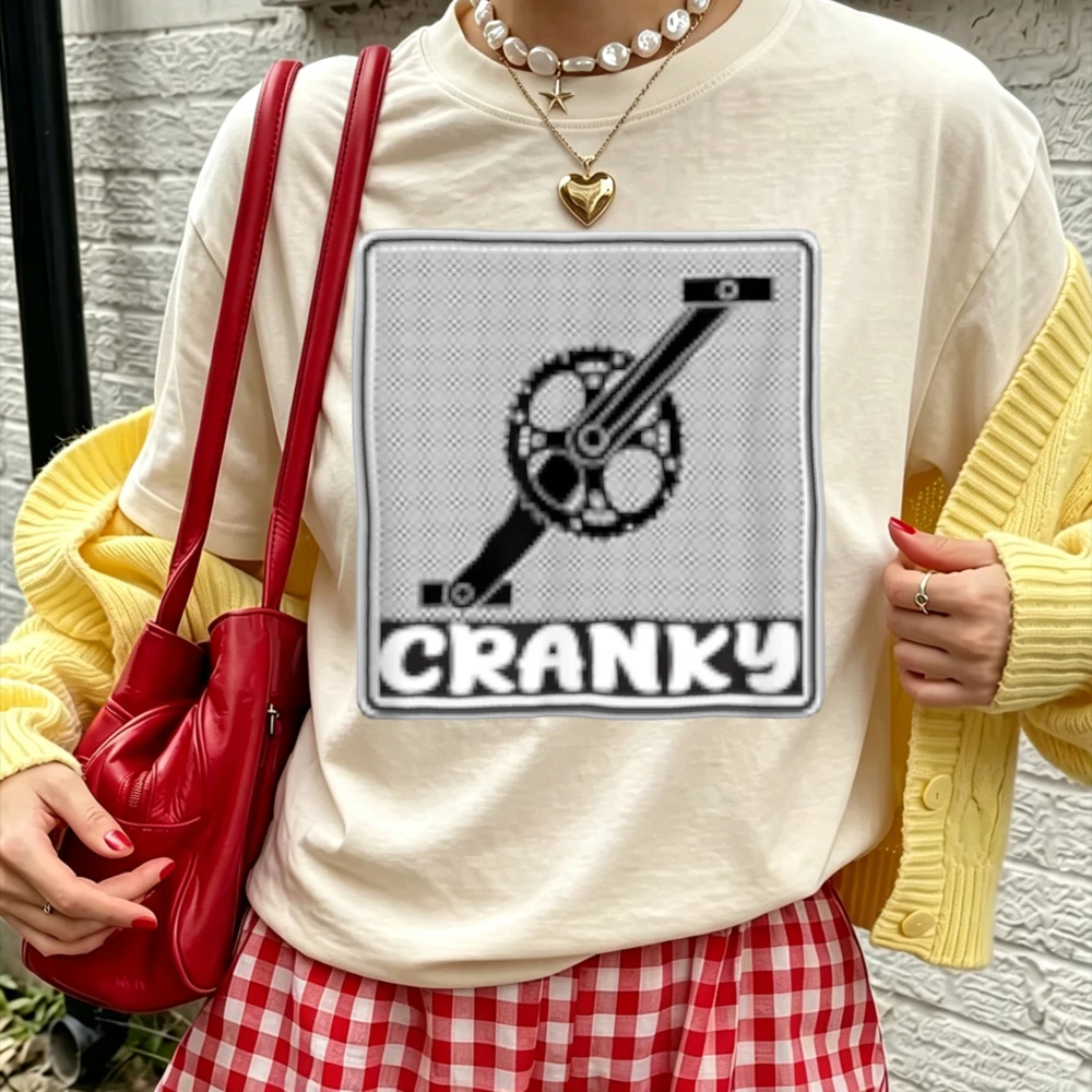 Cranky Bike Crank Funny Pun Graphic Men Cotton T-shirt Bicycle Part Humor Square Frame Print Short Sleeve Unisex Casual Tees Top