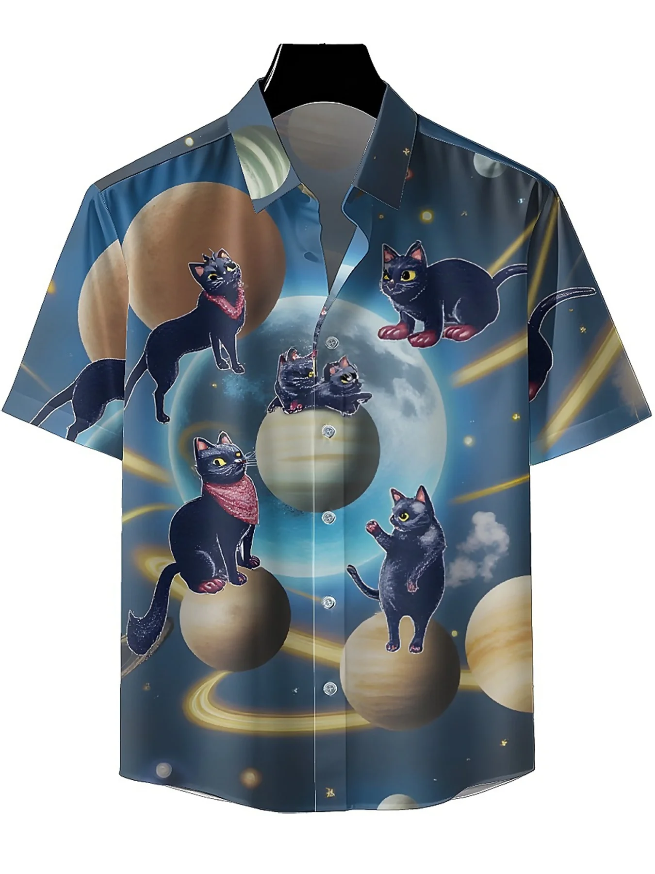 Men's Plus Size Hawaiian Shirts Cat and Planets Pattern,Premium Comfort Youth Clothes,Y2K Tops