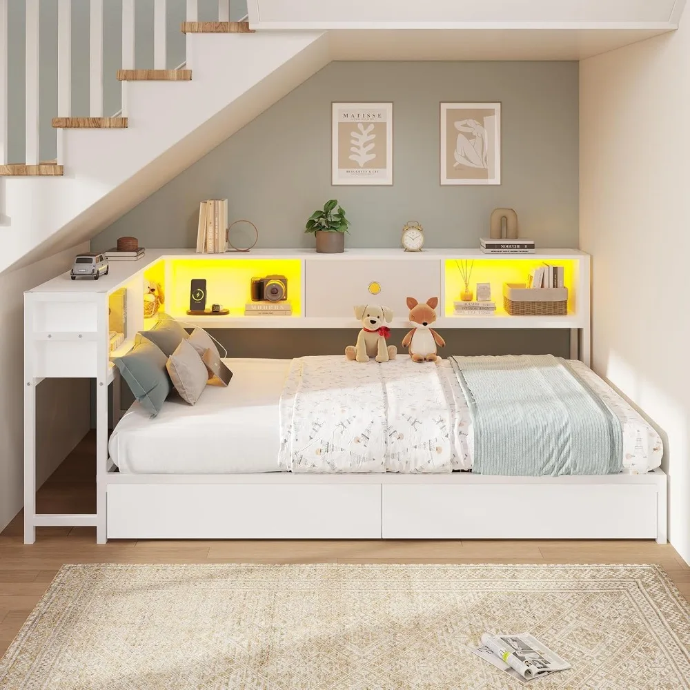 dictac corner bed frame with bookcase storage and led lights twin size platform bed frame with storage drawers and charging stat