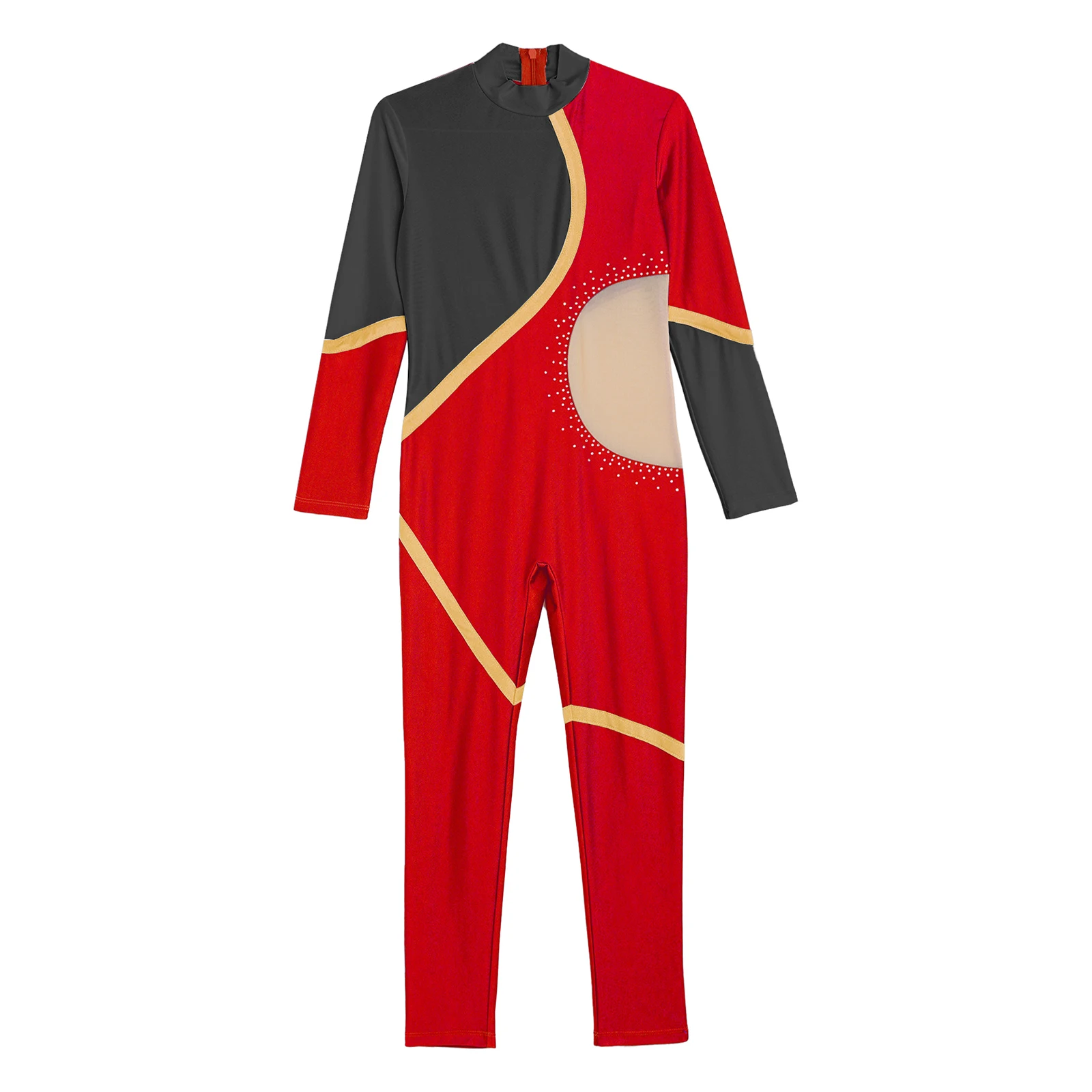 Kids Girls Ballet Gymnastics Acrobatics Leotard Figure Skating Dance Performance Jumpsuit Long Sleeve Shiny Rhinestones Bodysuit