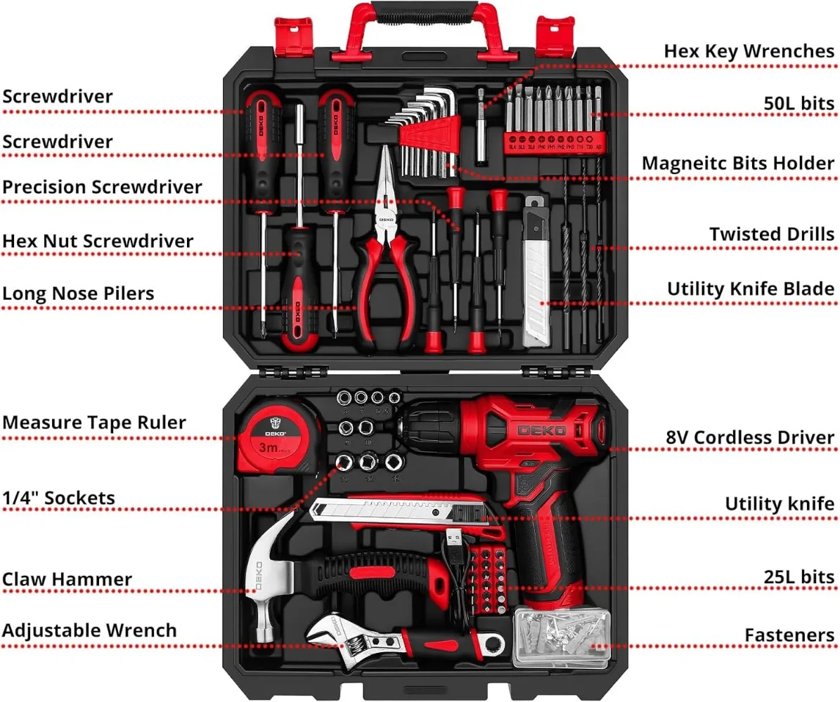 DEKOPRO Drill Set: Tool Set with 8V Red Cordless Drill, Home Tool Kit with Drill, Hand Tool Kits for Women 126 Piece