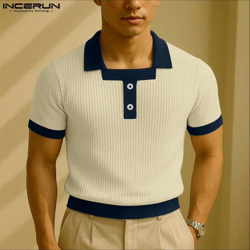 INCERUN Men Shirt Patchwork Knitted Lapel Short Sleeve Summer Male Shirts Streetwear 2025 Color-block Casual Men Clothing Tops