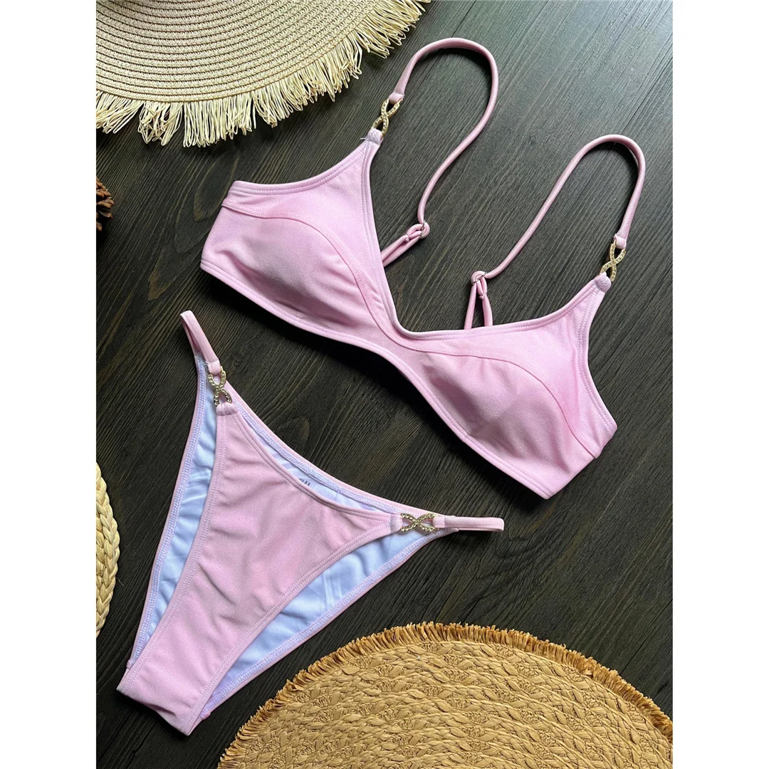 10 Farben, V-Ausschnitt, mit Strasssteinen verzierter Bikini, Damen-Badeanzug, zweiteiliges Bikini-Set, gepolsterter Badeanzug, Badebekleidung, Modell V8138. – Detail 4