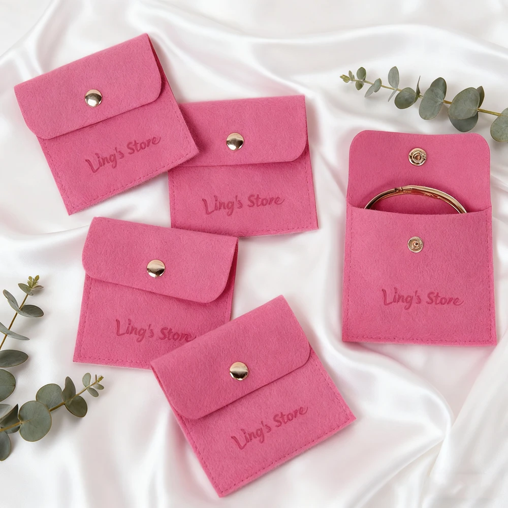 

100Pcs Rose Pink Custom Logo Jewelry Microfiber Snap Bag Rings Earrings Studs Bracelet Pendant Necklace Organizer Gift Packaging