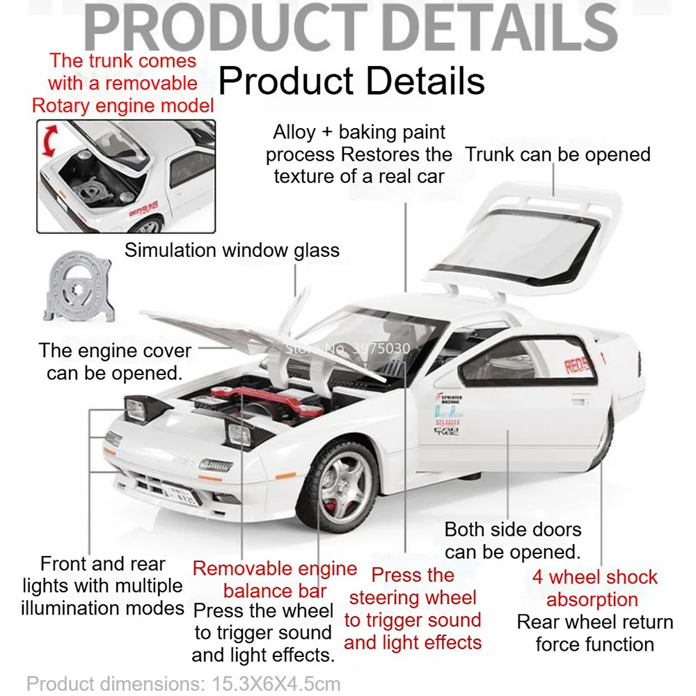 1:28 Scale RX-7 Car Model Toy Doors Opened Sound Light Models Shock Absorption Pull Back Supercars for Friends Birthday Presents