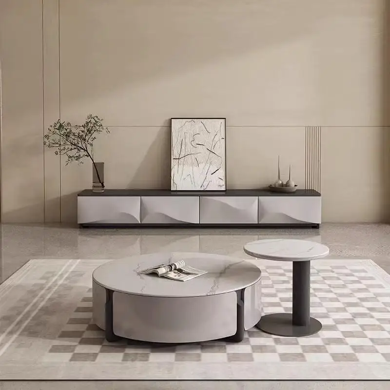 #Nordic Modern Round Nesting Coffee Table Set Durable Marble Top with Storage Drawers Two Tone Design Living Room Furniture