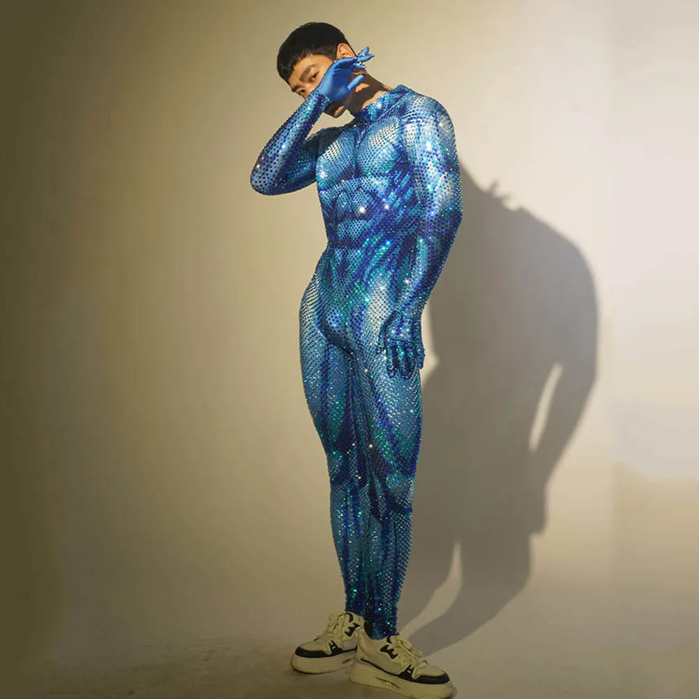 Male Full Rhinestones Jumpsuit Muscle Bodysuit Birthday Party Rave Outfit Shiny Pole Dance Clothing Gogo Dance Costume VDB7513