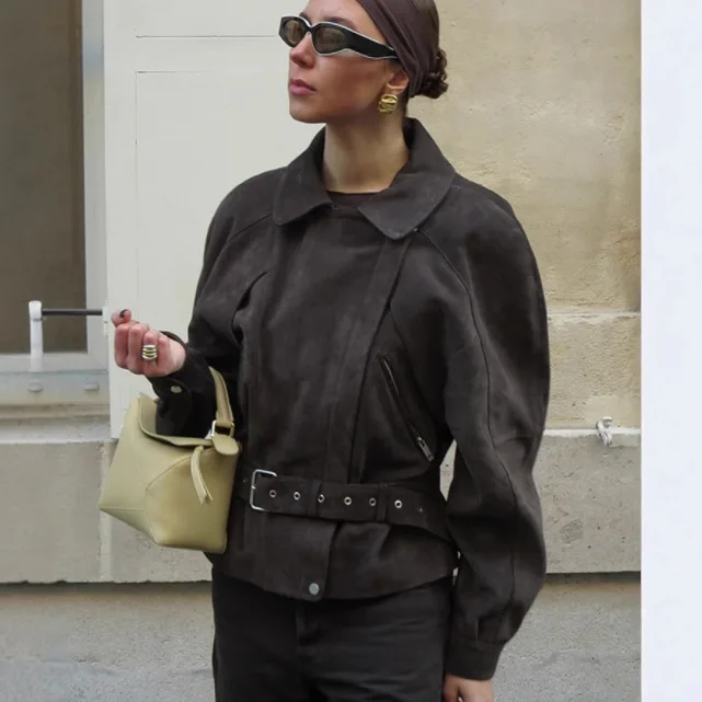 

Trade Simple Match Suede Biker Style Women's Jacket With Belt European And American Style Fast-Moving Product