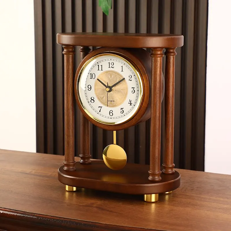 

Настольные часы из массива дерева, винтажные, в новом китайском стиле, для домашнего декора, кварцевые, бесшумные