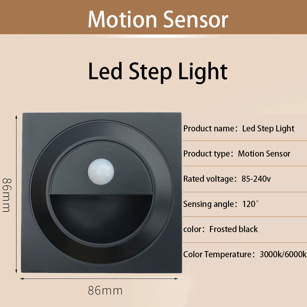 Embedded Step Light Motion Sensor Staircase Lighting fit EU Round 60mm Box Pir Footlights Indoor Wall Lamp Closet Corridor 220v