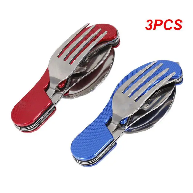 3PCS Multifunctional Camping Tableware Set Stainless Steel Foldable Picnic BBQ Spoon For Outdoor Camping Fishing Hiking Hunting