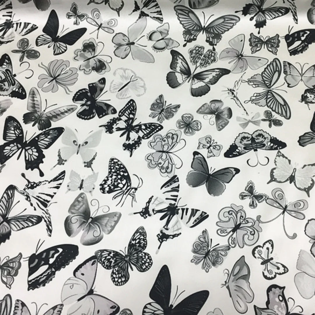 1 meter 100% Mulberry Silk 19 momme Charmeuse Silk Fabric White with Black Butterlfy Print 106cm 41.7