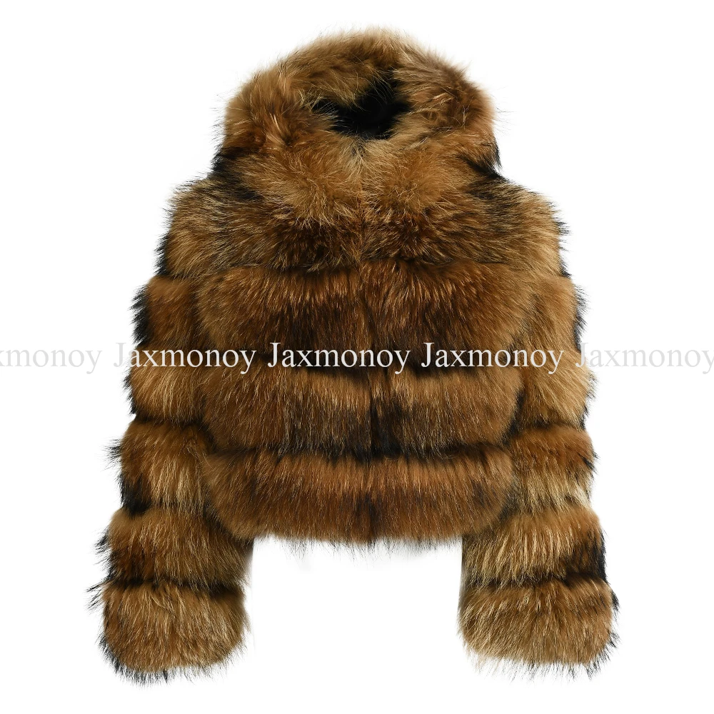 Jaxmonoy-abrigo de piel de mapache Natural para mujer, chaqueta de piel de lujo, cálida, de talla grande, con capucha