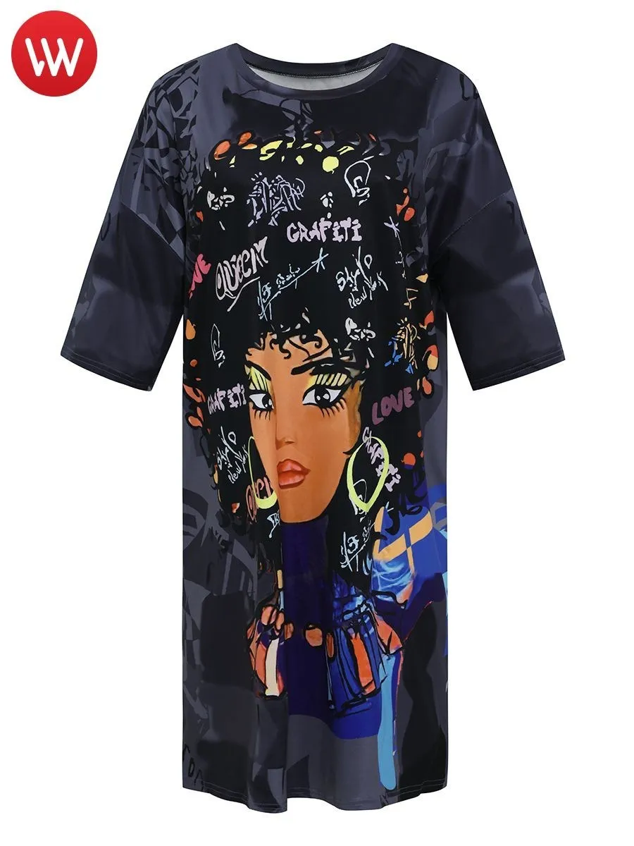LW Plus Size Dress Droppe Shoulder Graffit Prin Black Mini Terylene Cotton Stree O Neck Tee Summer Vestidos Women Clothings