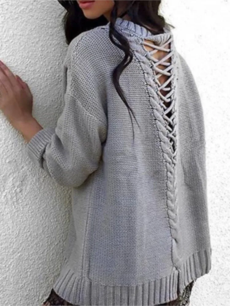 

Bella Philosophy женский осенне-зимний новый повседневный свитер на шнуровке с открытой спиной, серый, желтый, хаки