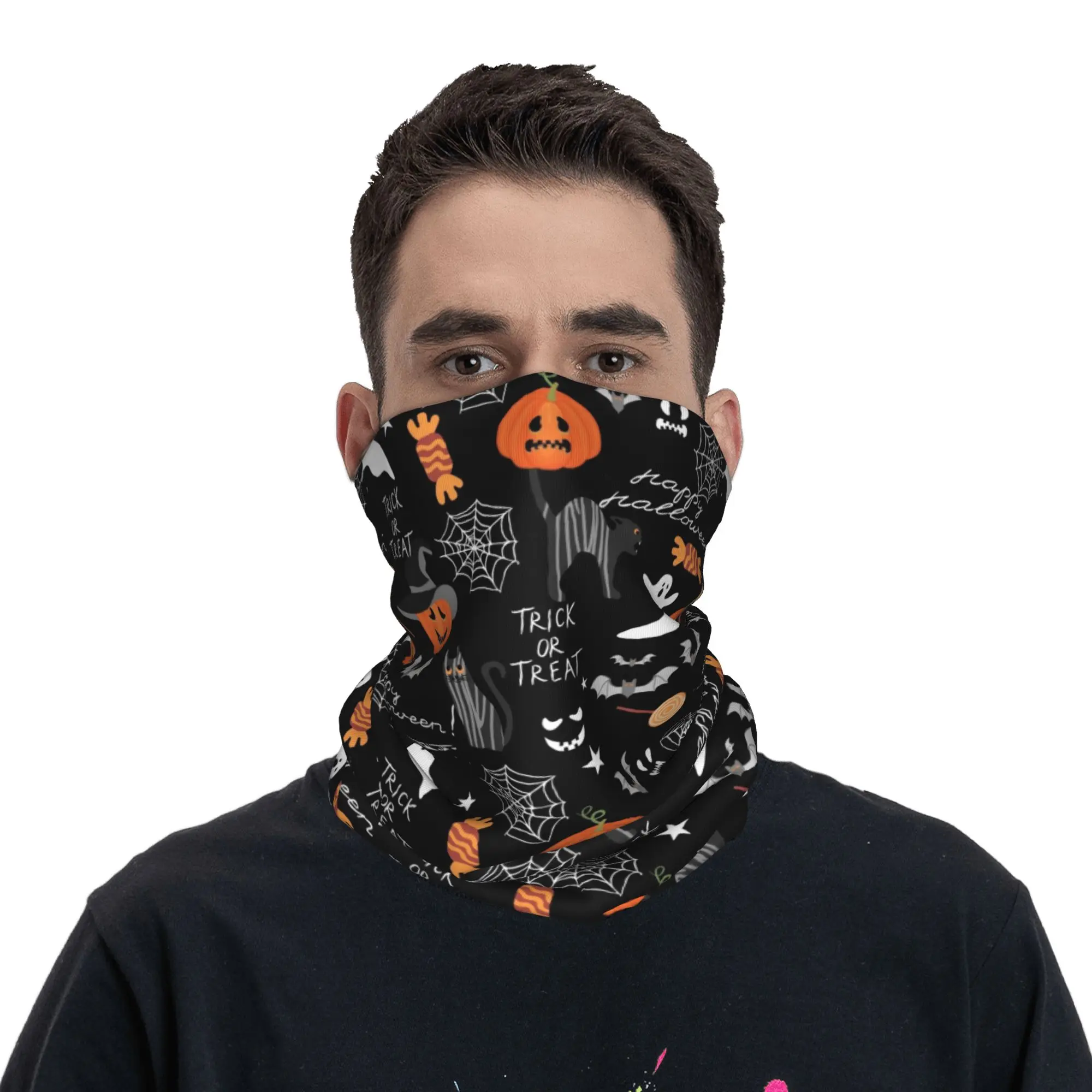 Halloween Pumpkin Ghost Cats Neck Gaiter Men Women Windproof Winter  Bandana Scarf for Hiking