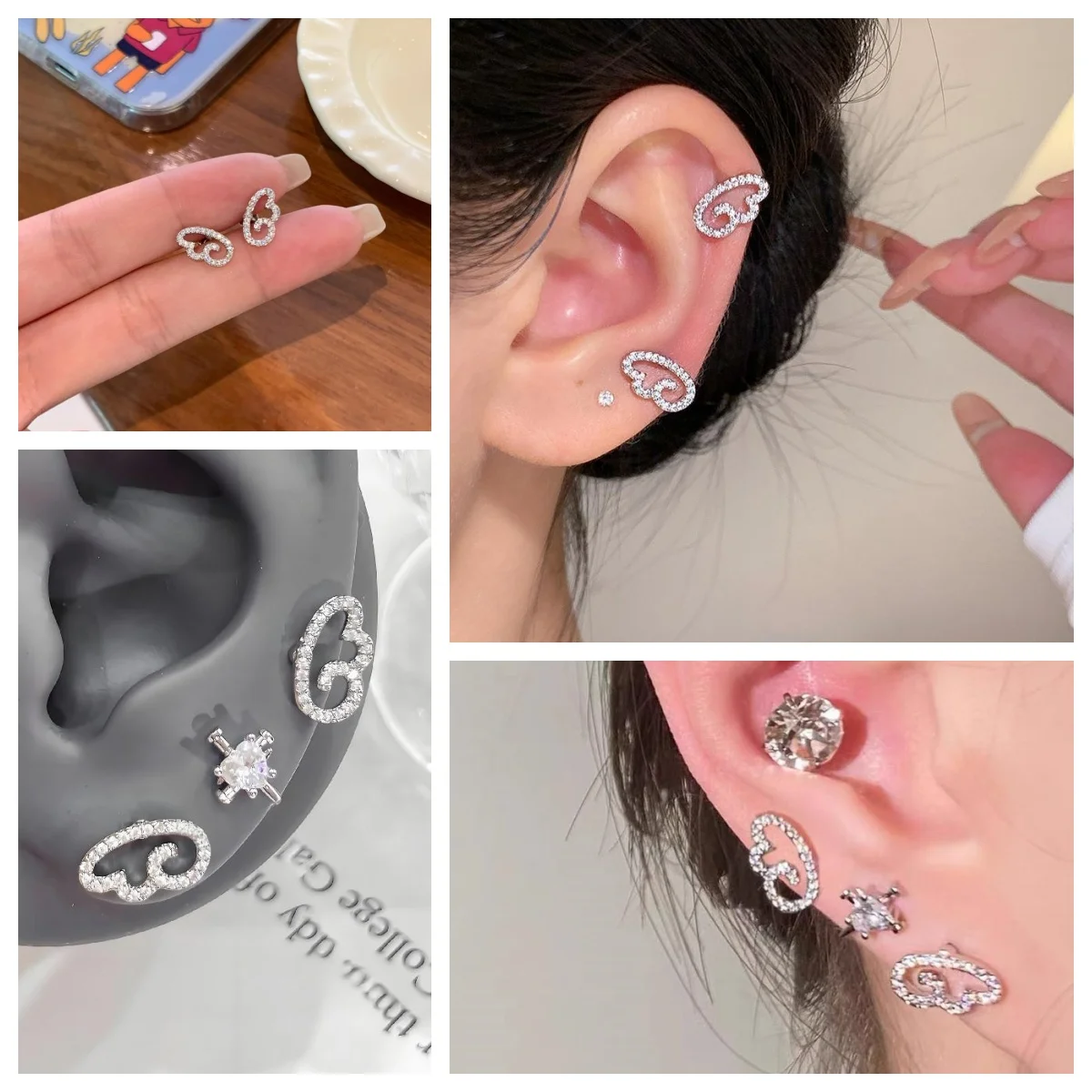 2/3/4Pcs Shiny Fashion Silver Color Wing Stud Earrings For Women Girls Luxury Metal Geometric Hollow Earring Jewelry Gifts