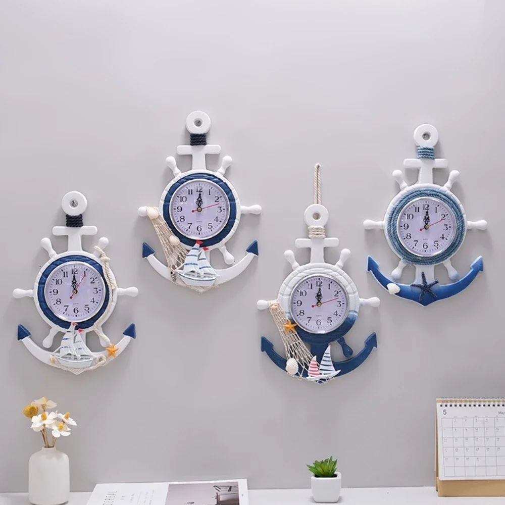 Mediterranean Style Wall Clock Wooden Craft Anchor Clocks Beach Sea Theme Nautical Ship Wheel Decor Wall Hanging Decoration