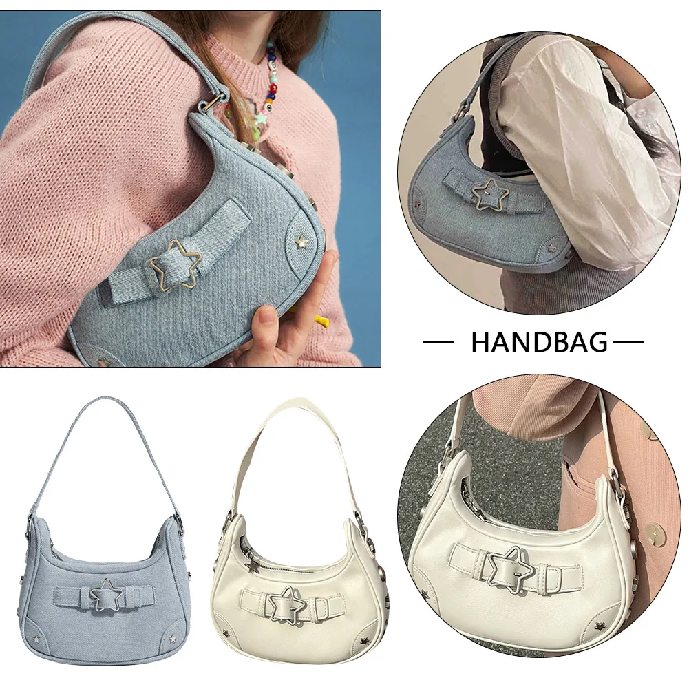 

Women Casual Hobos Vintage Y2K Top-Handle Bag Star Decor Solid Color Fashion Holiday Gift for Girls Female Armpit Bags