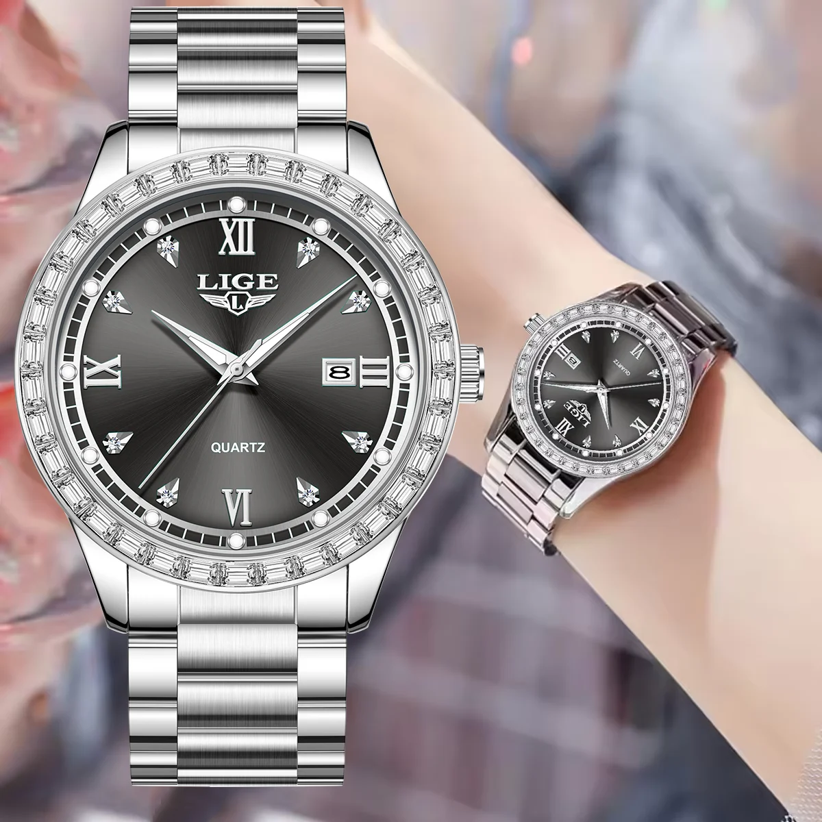 LIGE Fashion Women Watches Luxury Waterproof Stainless Steel Quartz Wristwatch Diamond Dial Luminous Calendar Ladies Watch+Box