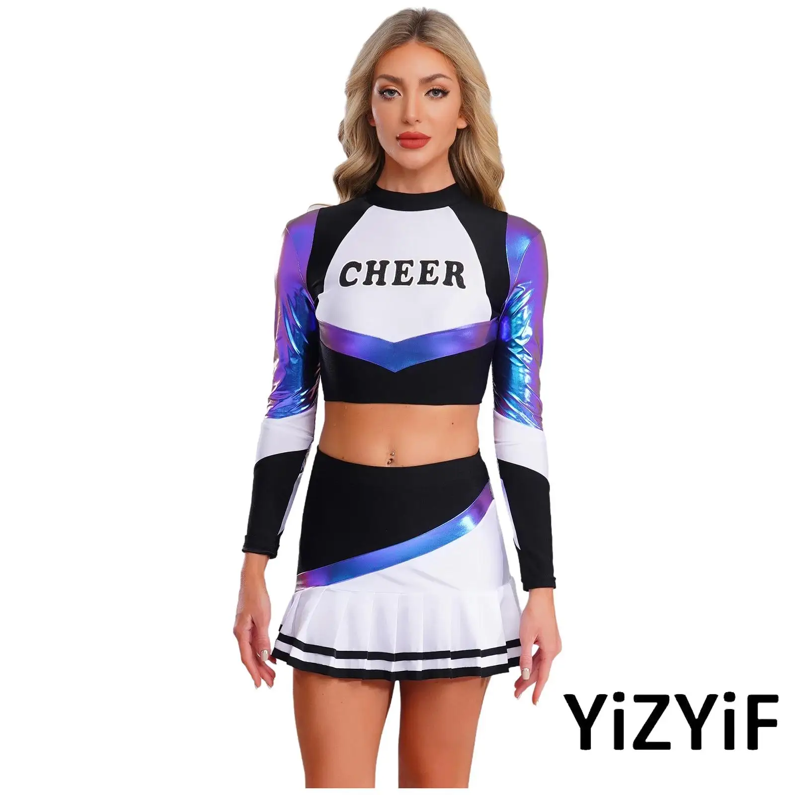 

Womens Cheerleading Uniform Metallic Shiny Contrast Color Long Sleeve Crop Top And Pleated Skirt for Halloween Match Performance