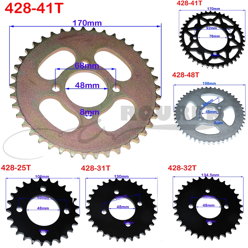 Motorcycle 428 Chains 25T/31T/32T/37T/39T/41T/42T/48T 48mm 76mm Rear Chain Sprocket for ATV Quad Pit Dirt Bike Buggy Karts Parts