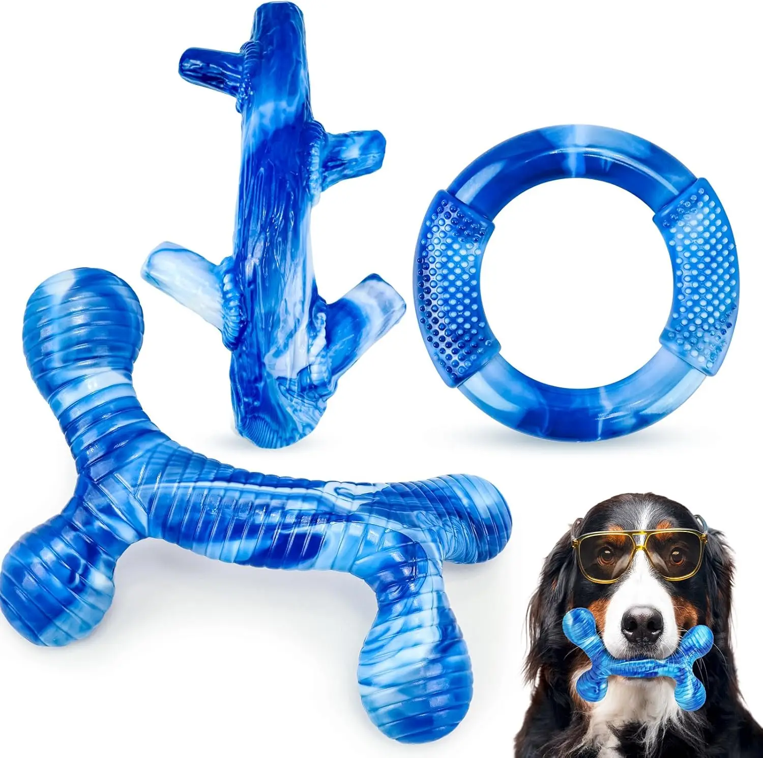 3-Pack Tough Dog Chew Toys for Aggressive Chewers, Bacon Flavor Teething & Dental Health for All Breeds (Blue)