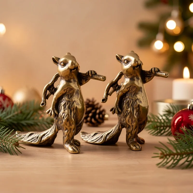 Brass Squirrel Holding Pine Cone Mini Figurine, Cartoon Small Decor Ornament for Home  Office, 1 Piece