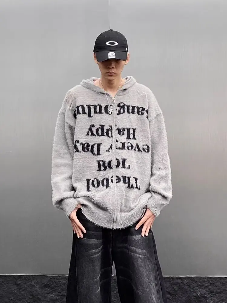 

Comfortable Zipper Knitted Sweater Letter Pattern Hoodie Casual Sle Men's Winter Outerwear Warm Cozy Couple's Loose Fit