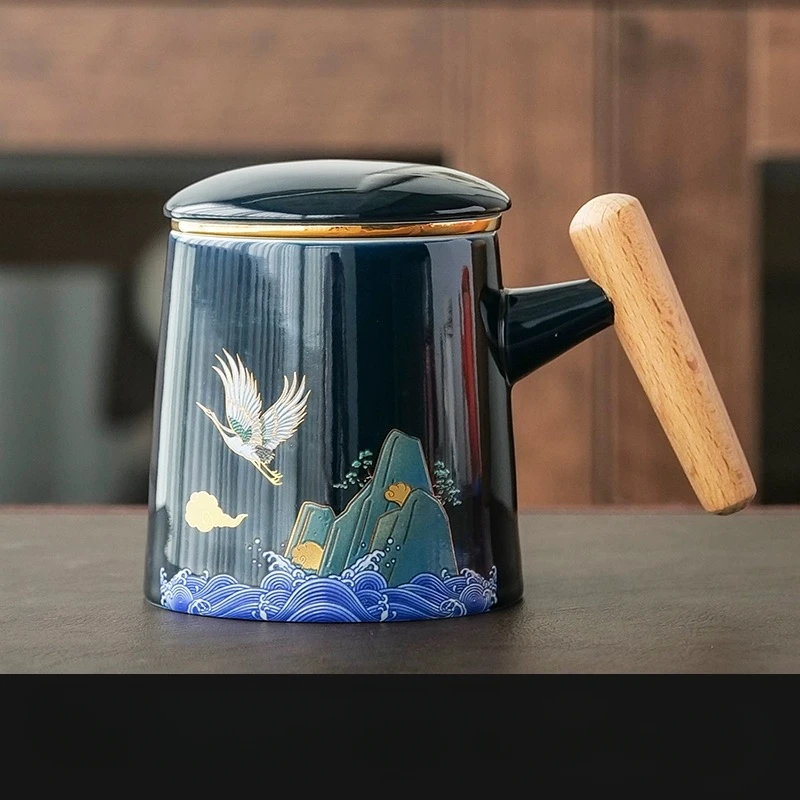 Creative Ceramic Cover with Handle, Tea Water Separating Mug, Home Furnishings, Office Cartoon, Tiger, Wild Crane Cup, 1Pc