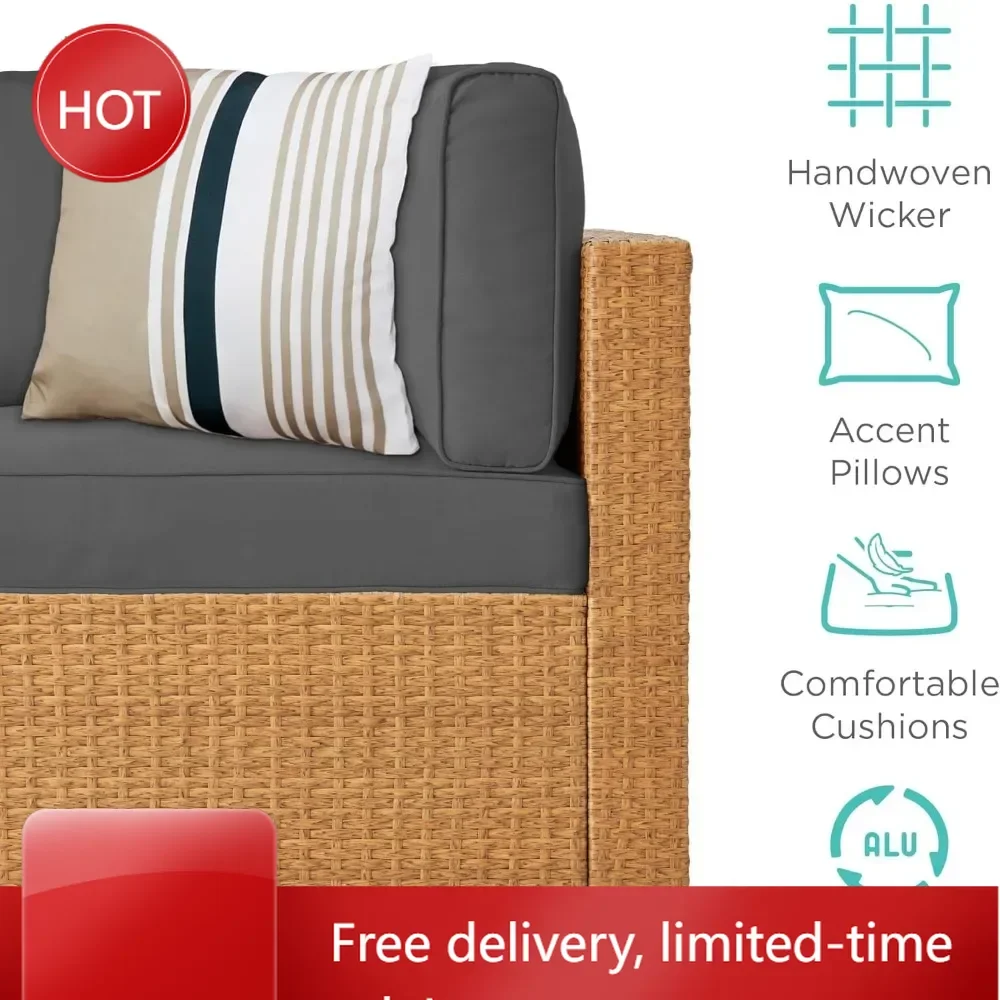 

7-piece modular outdoor sectional wicker patio conversation set w/ 2 pillows, coffee table, cover included - natural/gray