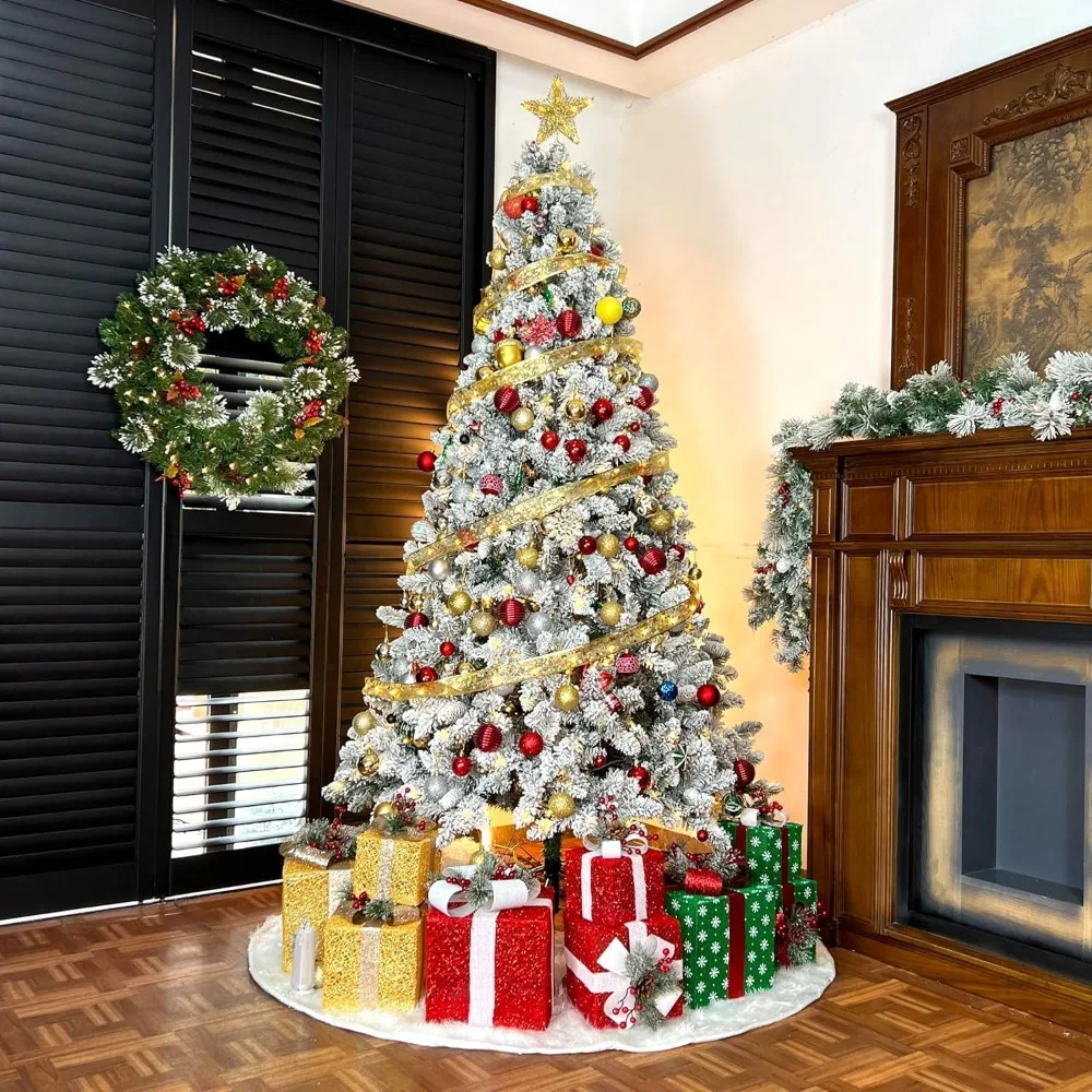 شجرة عيد الميلاد الاصطناعية للثلج المتدفقة بطول 7.5 أقدام مع 450 مصباح LED، و1446 نصائح، وحامل معدني