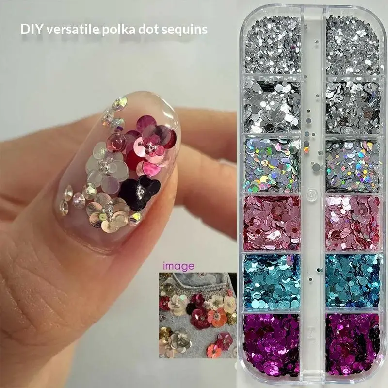 12 Grids Mixed Circular Nail Glitter Flower DIY Wave Point Sequin Colorful Sparkling Nail Charms Nail Decoration Accessorie