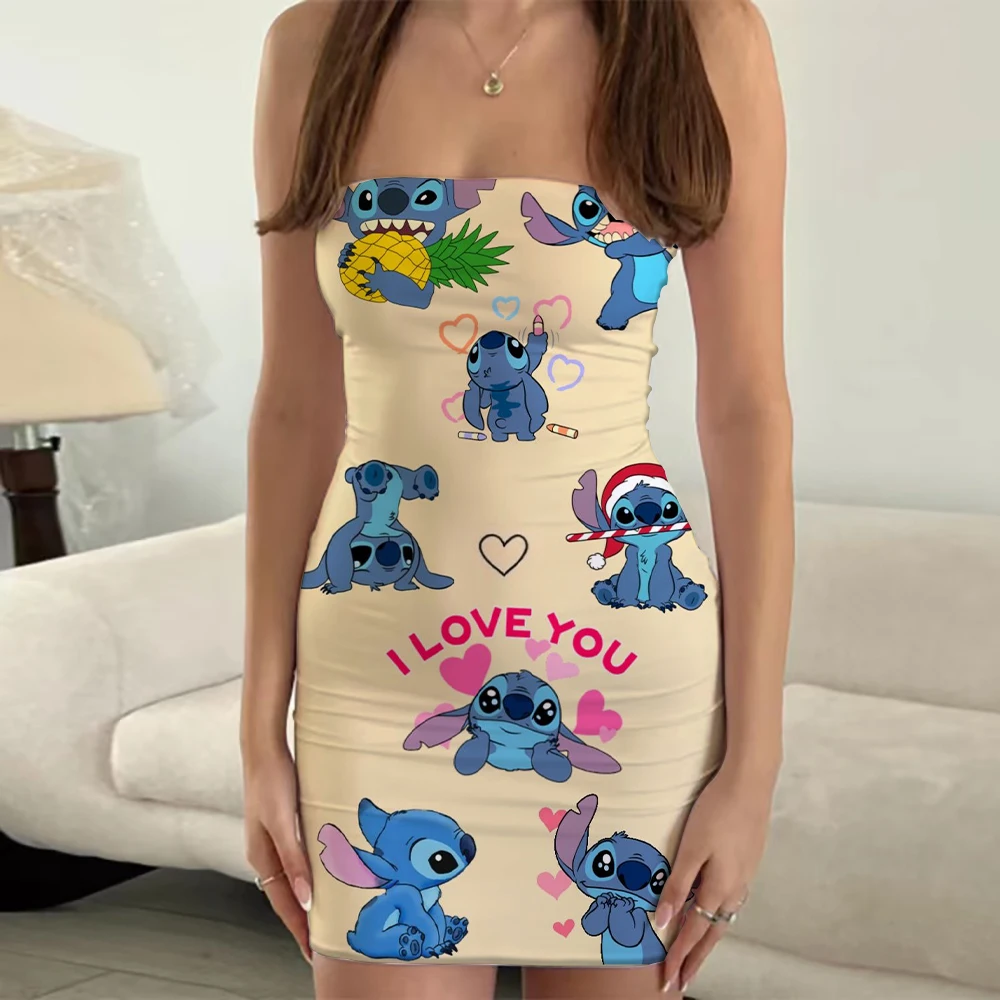 Lilo e Stitch desenho animado feminino vestido sem alças estampado, sem alças, confortável, casual, sexy, moda, verão, 2022