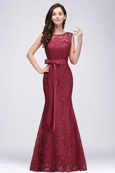 Burgundy Lace Mermaid Evening Dresses Elegant Appliques With Satin Bow Sashes Prom Gowns Formal Party Vestido De Gala For Bride