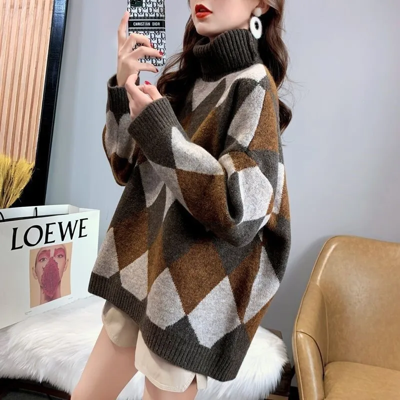 Jersey Mujer Fall Winter Vintage New Jumper Turtleneck Hit The Color Rhombus  Knitted Sweater Casual Loose Women Pullover