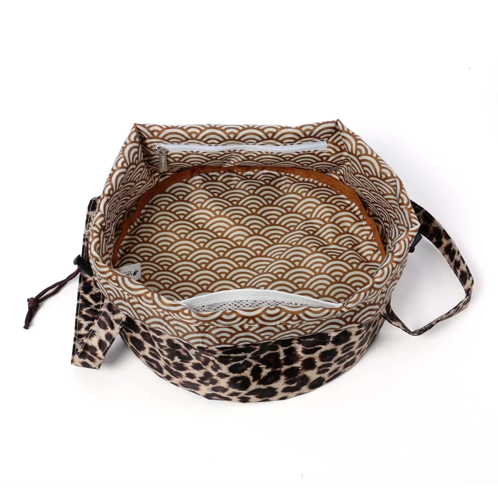 Leopard Print Drawstring Travel Cosmetic Bag Lightweight Water Resistant Bucket Makeup Organizer With Flap & Dual Wrist Straps Portable Toiletry Storage Pouch for Women