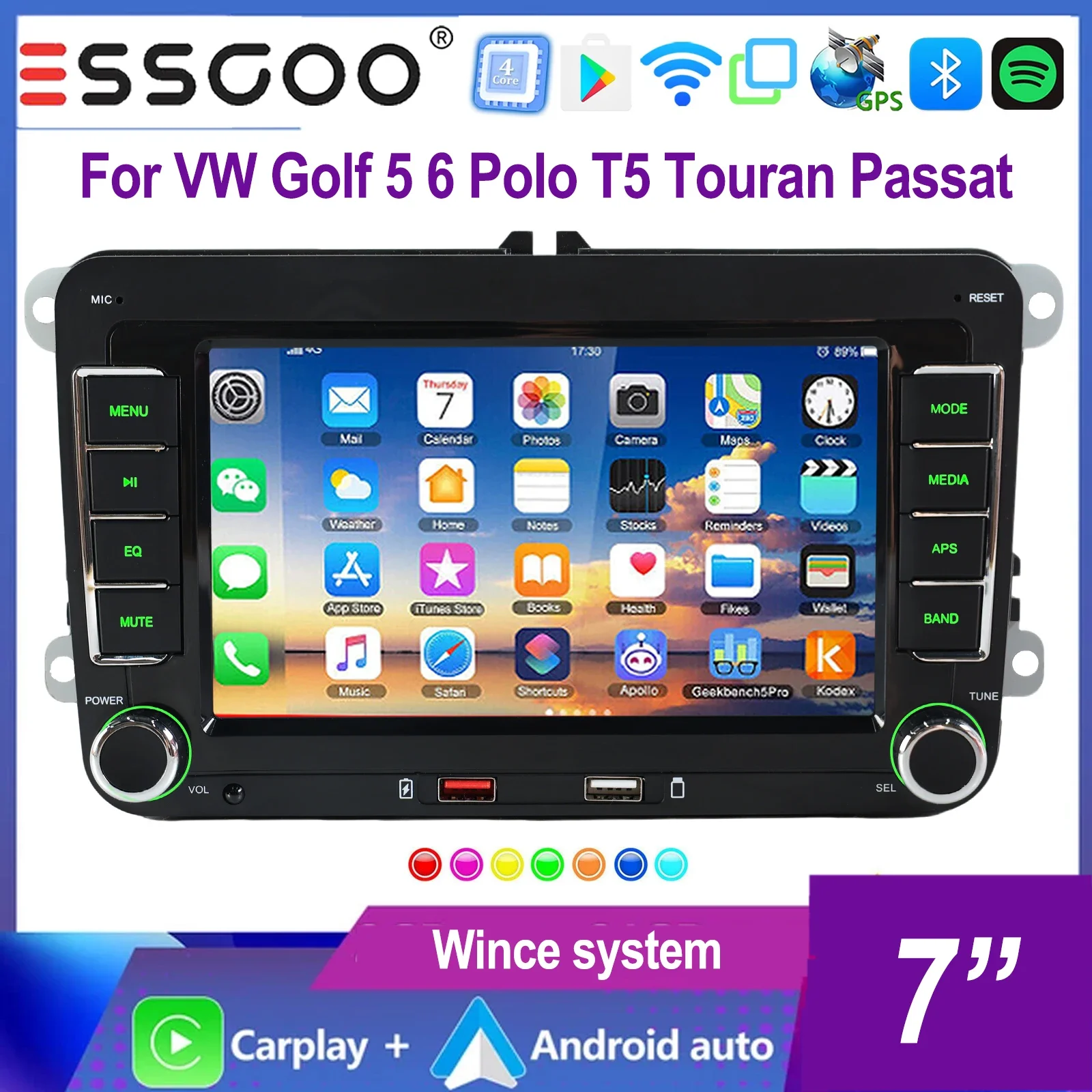 ESSGOO 2*USB Autoradio Wince con Carplay Wireless, Android Auto, Bluetooth 7" per VW Golf 5 6 Polo T5 Touran Passat, Mirror Link, 7 colori