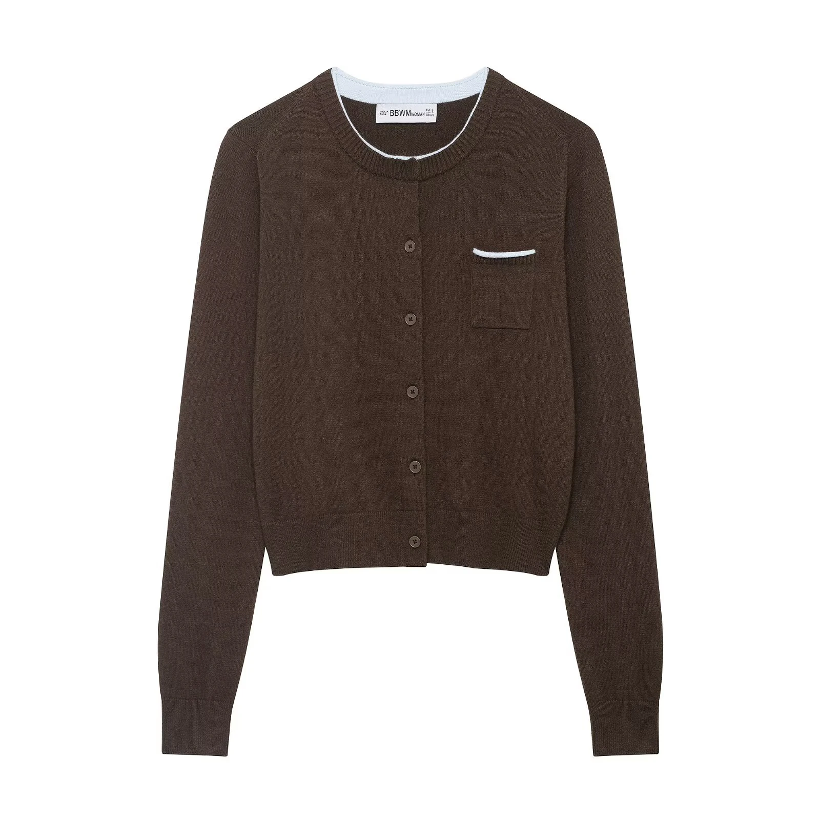 

Весенний новый женский свитер с длинными рукавами, круглым вырезом, контрастными вставками и декоративным карманом на груди, вязаный свитер.