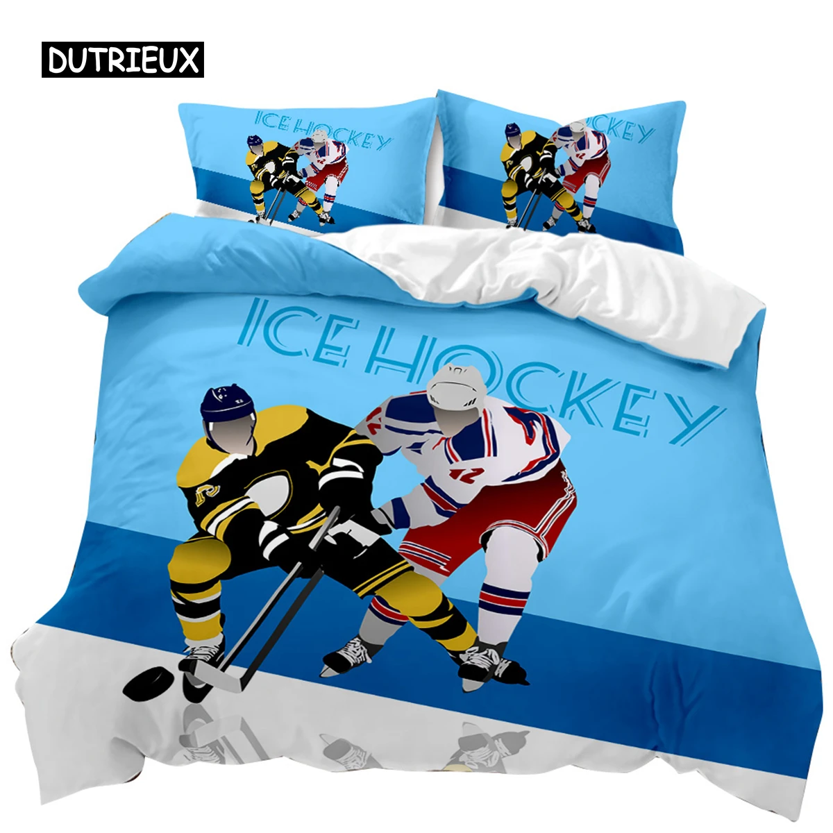 Ice Hockey Duvet Cover Set Ball Game Polyester Qulit Cover for Kids Boys Teens European Sports Hobby Activity Competitive Games